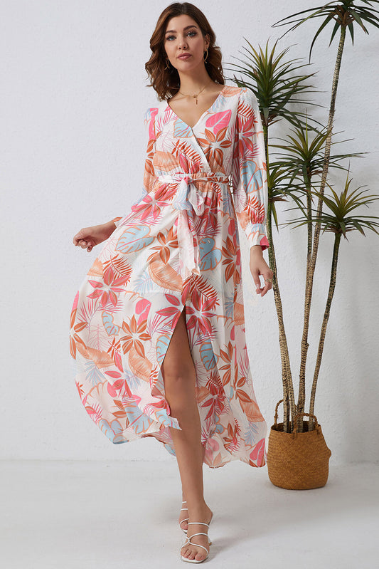 Tropical Plant Print Long Sleeve Wrap V-Neck Slit Maxi Dress