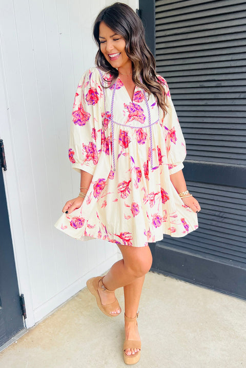 Pink Floral Print Balloon Sleeve V Neck Babydoll Mini Dress