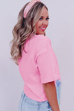 Pink Sequined Bow Knot Fringed Round Neck T Shirt