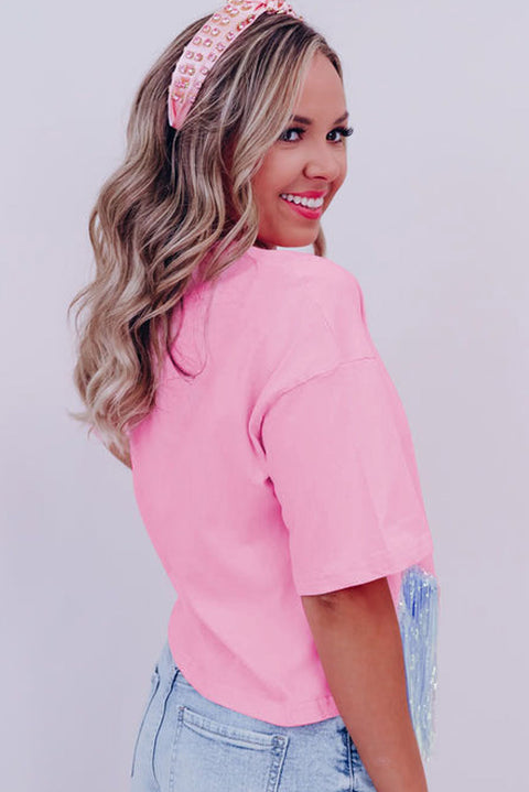 Pink Sequined Bow Knot Fringed Round Neck T Shirt