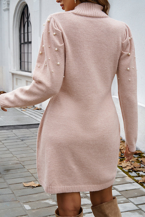 Apricot Pink Pearl Beaded High Neck Bodycon Sweater Dress