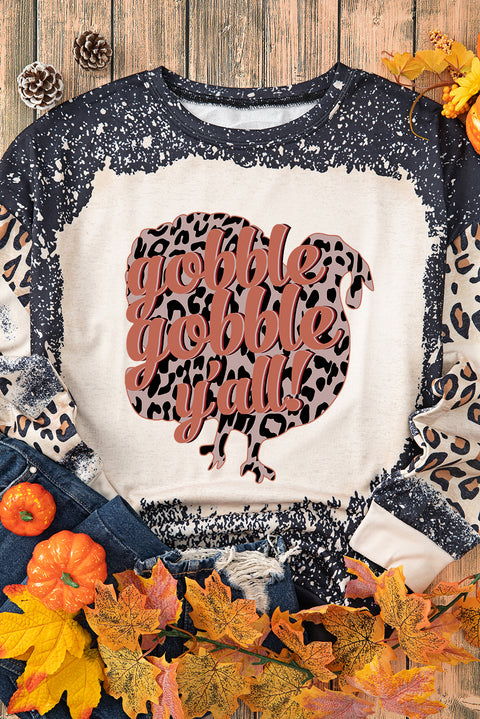 Black Gobble Gobble Yall Bleached Leopard Pullover Sweatshirt