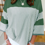 Mist Green Striped Patchwork 3/4 Sleeve Oversize Top