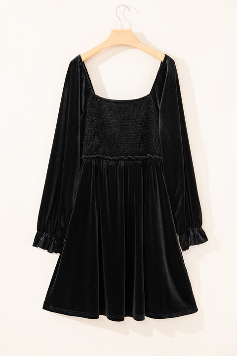 Black Velvet Flounce Sleeve Shirred Bodice Plus Babydoll Dress