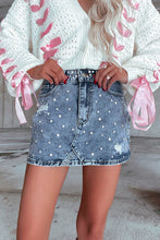 Dusk Blue Rhinestone Distressed Denim High Waist Mini Skirt