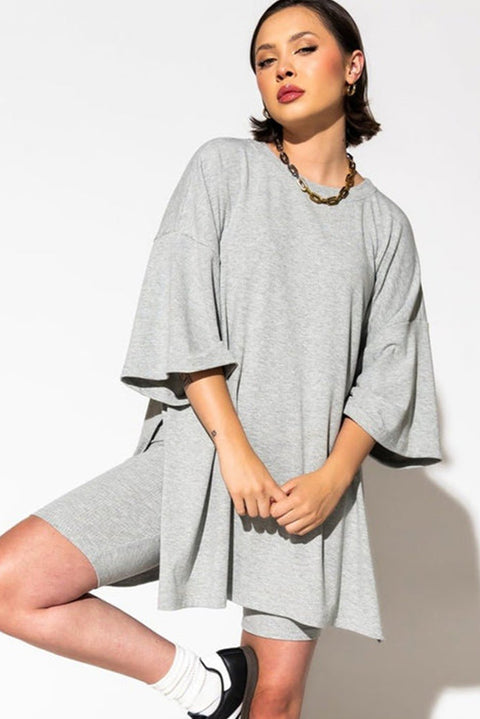 Light Grey Solid Color Loose Tunic Top and Slim Shorts Set