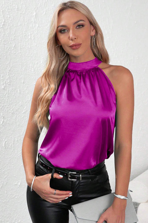 Bright Pink Halter Neck Keyhole Back Satin Vest