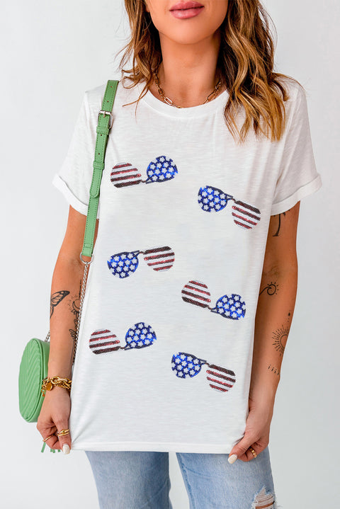 White Sequined American Flag Sunglasses Crew Neck T Shirt