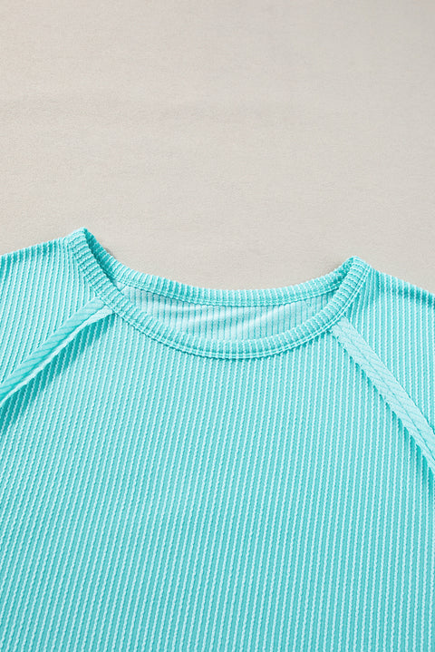 Light Blue Ribbed Exposed Seam Casual Plus Size T Shirt