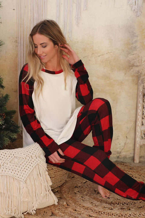 Christmas Pattern Plaid Color Block Two Piece Lounge Set