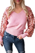 Pink Contrast Sequin Sleeve V Neck Ribbed Knit Sweater