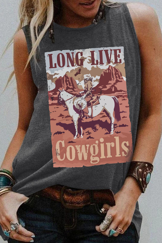 Gray LONG LIVE Cowgirls Western Print Crew Neck Tank Top