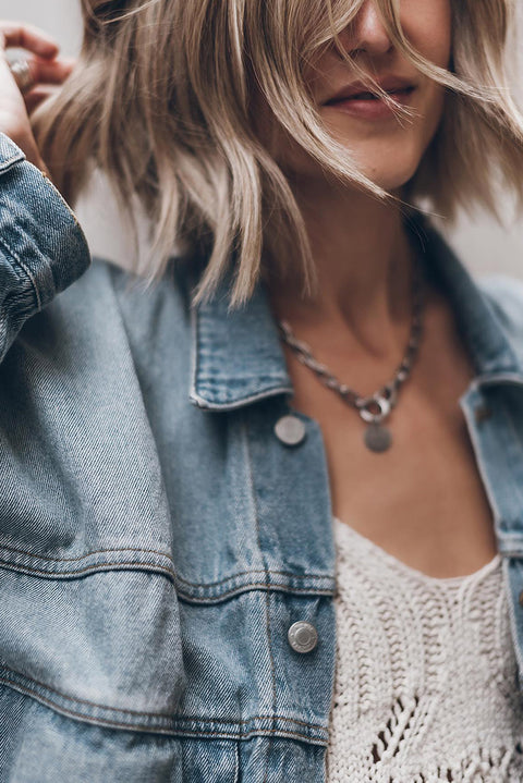 Sky Blue Metal Buttons Flap Pocket Drop Shoulder Denim Jacket