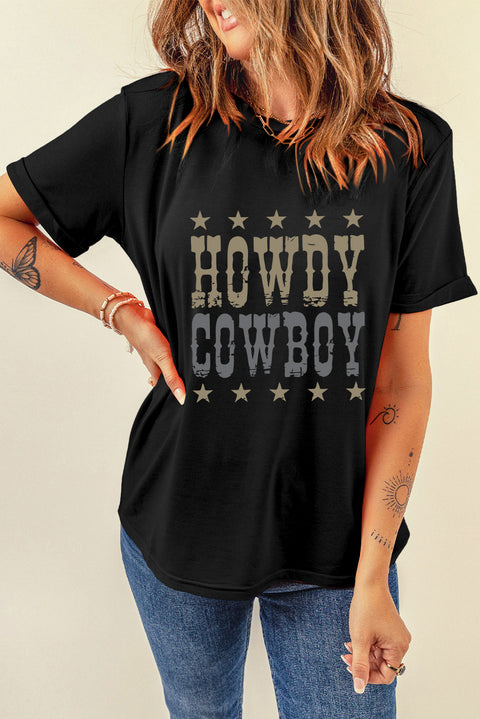 Black HOWDY COWBOY Star Print Crew Neck Loose T Shirt