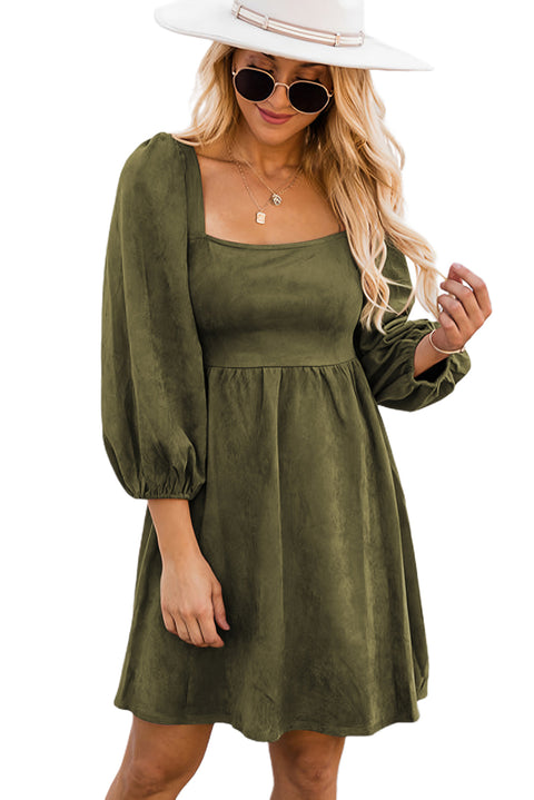 Brown Suede Square Neck Puff Sleeve Dress