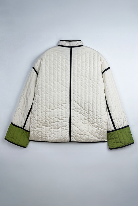 Fern Green Quilted Colorblock Button Up Puffer Coat