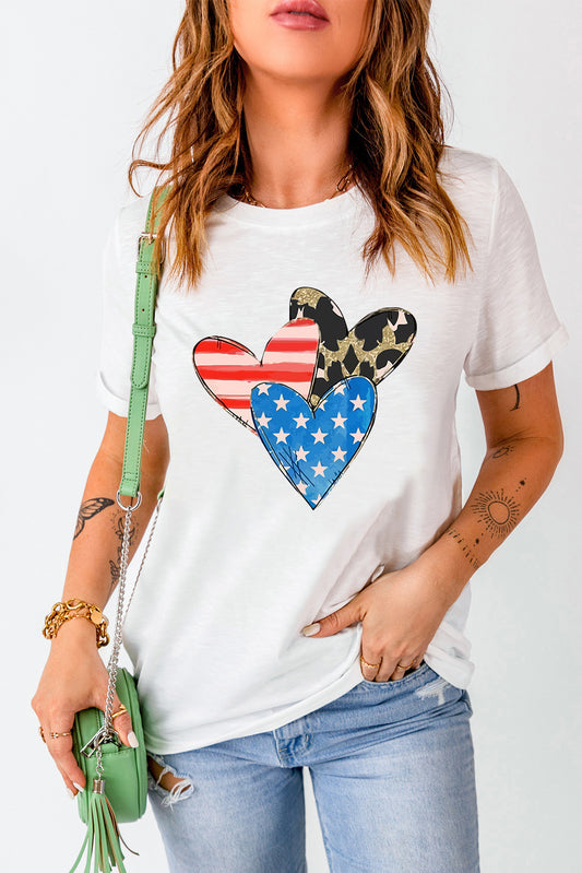 White Stars Stripe Leopard Heart Shape Graphic T Shirt