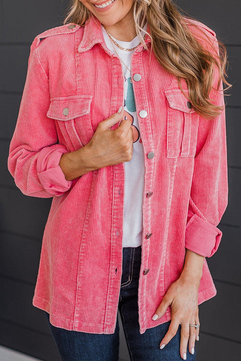 Pink Buttoned Flap Pocket Corduroy Jacket