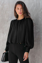 Black Padded Shoulder Buttoned Cuffs Pleated Loose Blouse