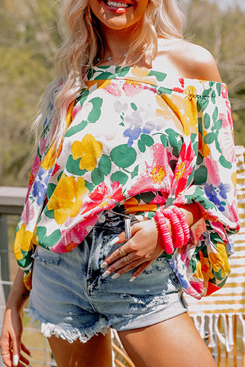 Water Painting Flowers Puff Sleeve Blouse