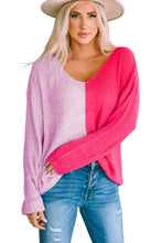 Pink Long Sleeve V-Neck Colorblock Sweater