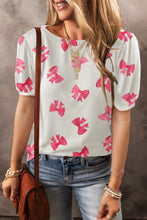 White Bowknot Print Bubble Sleeve Tee