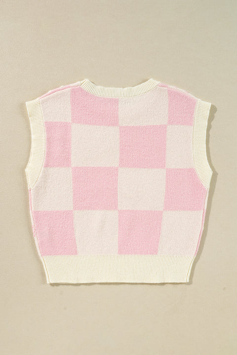 Pink Preppy Bow Detail Checkered Sweater Vest