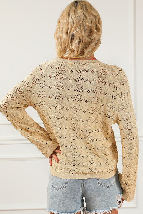 Khaki Hollowed Knit Asymmetric Drawstring Sweater