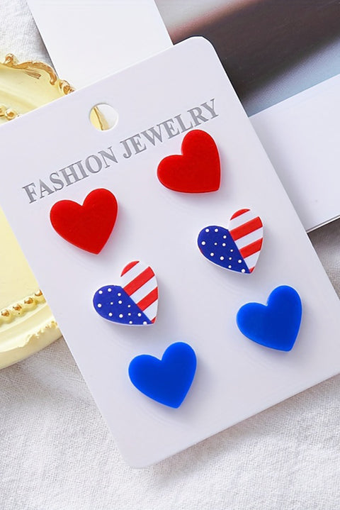 Fiery Red American Flag Print Heart Shape Stud Earrings Set