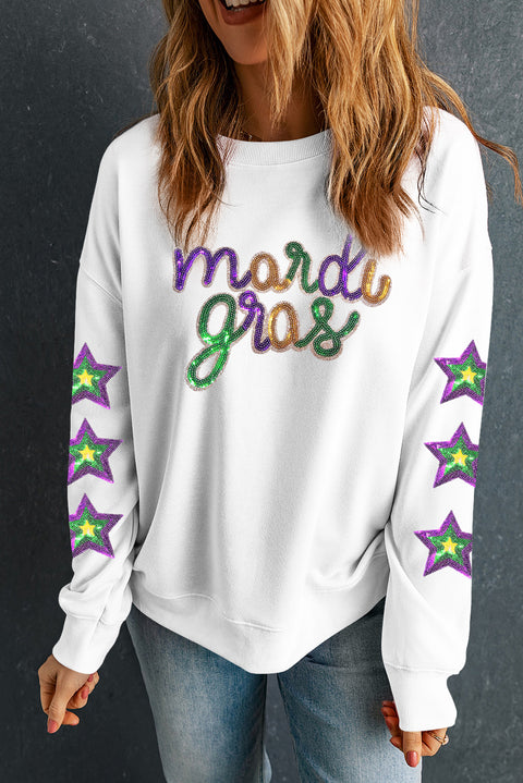 White Sequin mardi gras Graphic Star Sleeve Pullover Sweatshirt