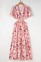 Pink Abstract Printed Flutter Sleeve Daring Cutout Long Dress