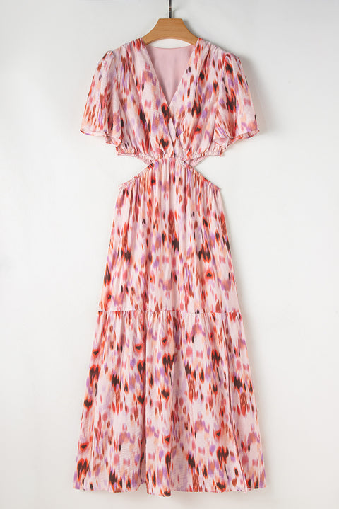 Pink Abstract Printed Flutter Sleeve Daring Cutout Long Dress