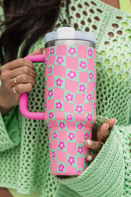 Bright Pink Flower Checkered Pattern Cup with Straw 40oz