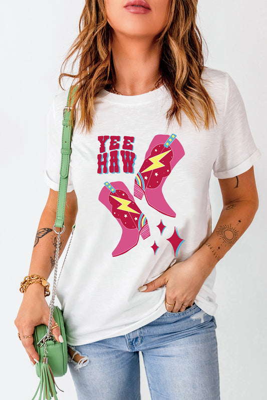 White YEE HAW Western Boots Print Crewneck T Shirt