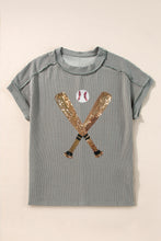 Medium Grey Sequin Baseball Pattern Ribbed Knit Crewneck T Shirt