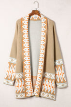 Khaki Aztec Print Open Front Knitted Cardigan