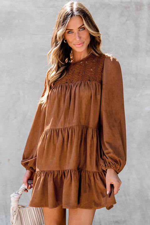 Chestnut Floral Lace Crochet Tiered Ruffled Mini Dress