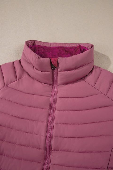 Burgundy Solid Color Quilted Zip-up Puffer Jacket