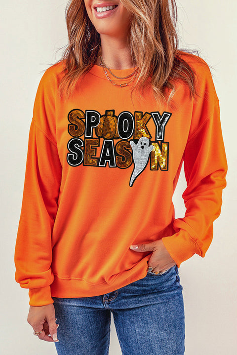 Russet Orange Sequin SPOOKY SEASON Ghost Pattern Halloween Pullover Sweatshirt