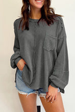 Black Exposed Seam Patchwork Bubble Sleeve Waffle Knit Top