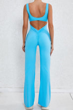 Sky Blue Solid Cut Out Backless Wide Leg Yoga Jumpsuit