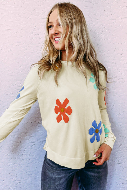 White Sweet Floral Pullover Sweater