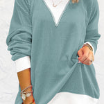 Light Blue Corded Colorblock Drop Shoulder Loose Top