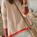 Brown Contrast Trimmed Striped Drop Shoulder Sweater