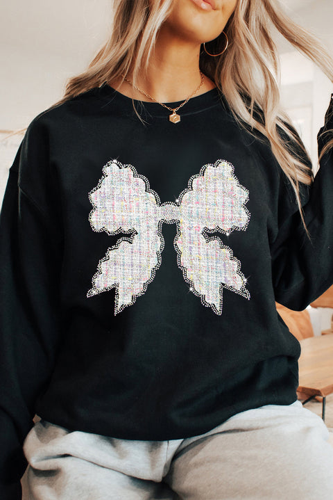 Black Rhinestone Decor Bowknot Graphic Pullover Sweatshirt