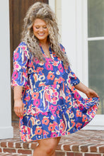 Blue Plus Size Floral Print Ruffled 3/4 Sleeve Mini Dress