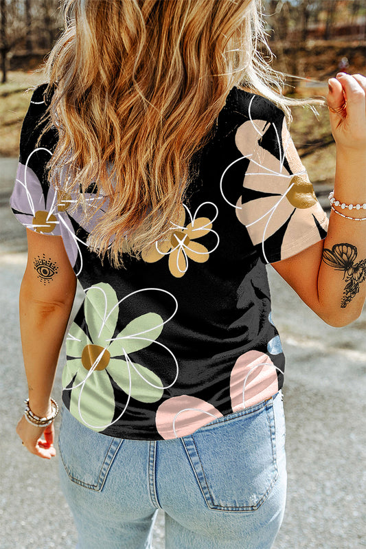 Black Summer Flower Print Casual Round Neck T Shirt