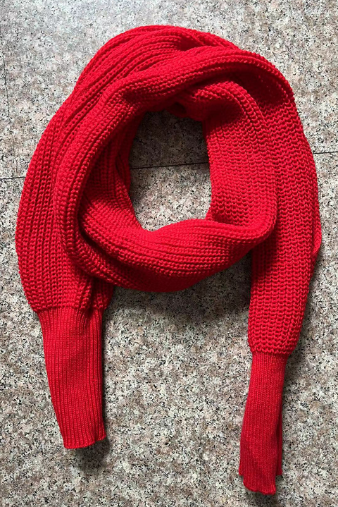 Fiery Red Wrap Up Sleeved Plain Knit Scarf