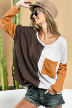 Brown Color Block Patchwork Chest Pocket Long Sleeve Top