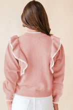 Light Pink Ruffled Bowknot Ribbed Trim Long Sleeve Sweater